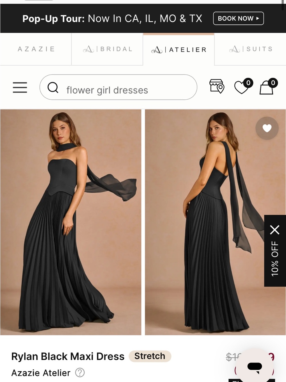 Azazie Black Pleated Strapless Maxi Dress with Chiffon Scarf
